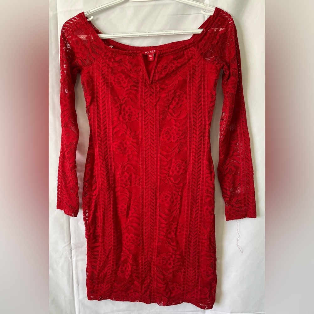 Guess Red Ribbed Long Sleeve Bodycon Dress